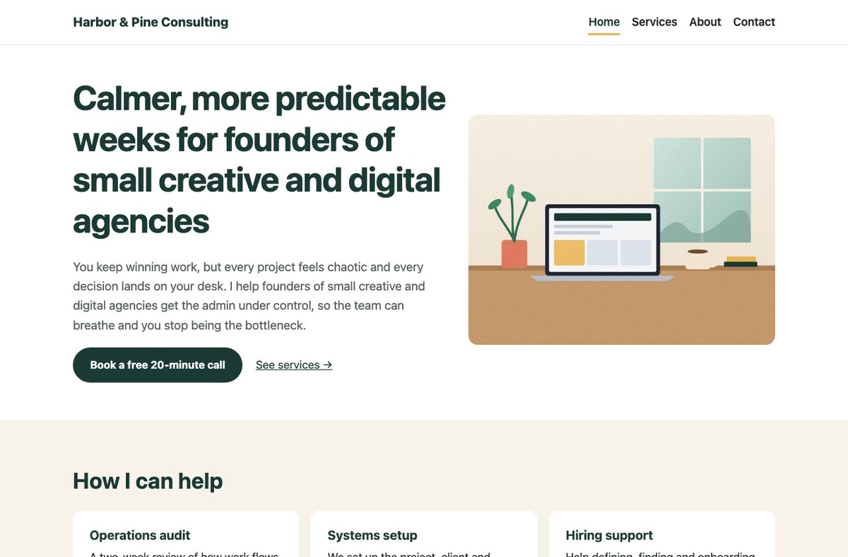 Home page of the Harbor & Pine demo site built in the course