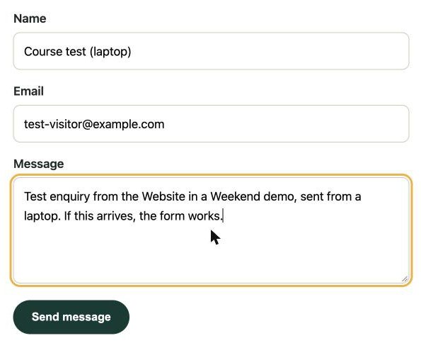 The demo site's contact form filled in with a test enquiry