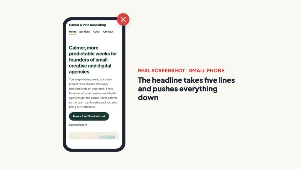 Lesson screen: a real phone screenshot where the headline takes five lines