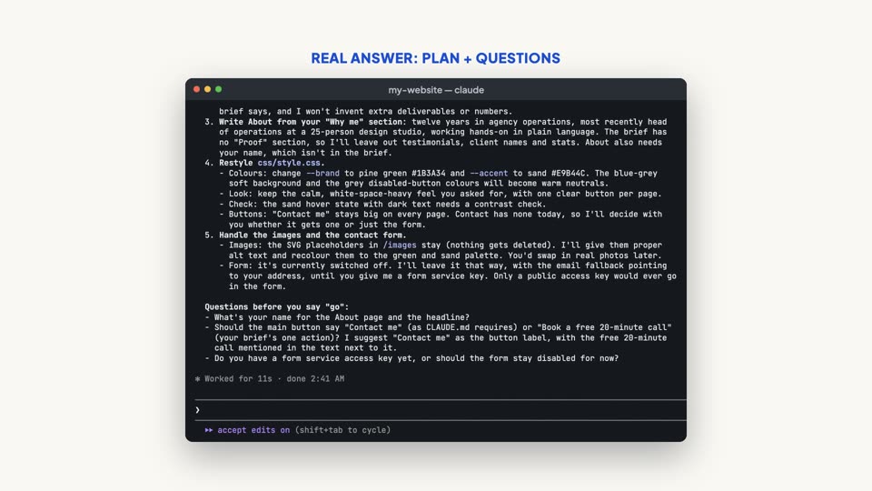 Lesson screen: the AI's answer with a plan and questions before it changes anything