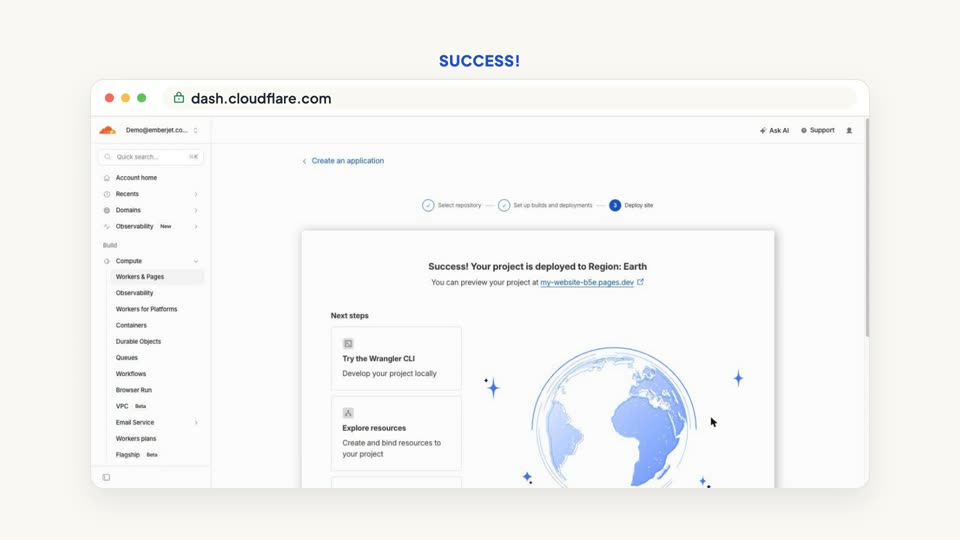 Lesson screen: Cloudflare confirms the site is published
