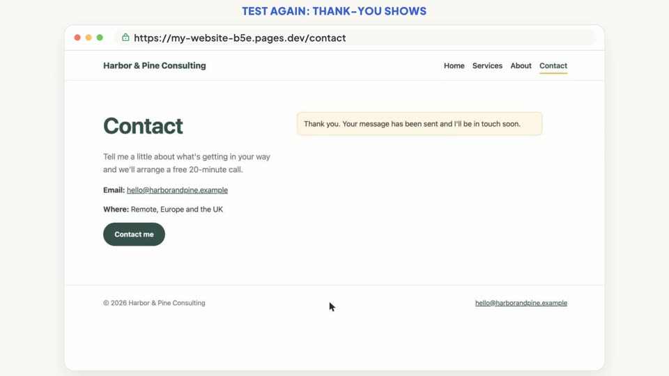 Lesson screen: the contact page shows the thank-you message after a test enquiry